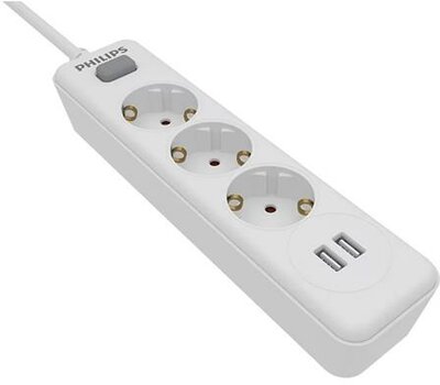 Elosztósor, 3 csatlakozóaljzat, 2xUSB-A, 2 m kábel, PHILIPS, fehér