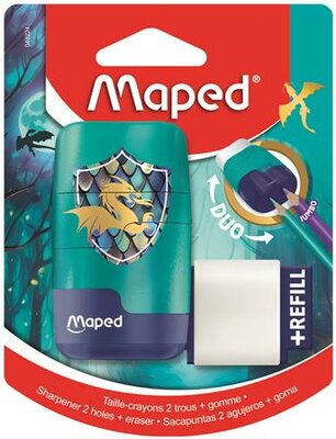 Hegyező és radír, kétlyukú, tartályos, pótradírral, MAPED "Connect Dragon", sárkány