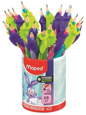Írástanuló grafitceruza radírral, ceruzatartó, HB, háromszögletű, ceruzafogóval, MAPED "Kidy Learn", vegyes színek, (22 db)