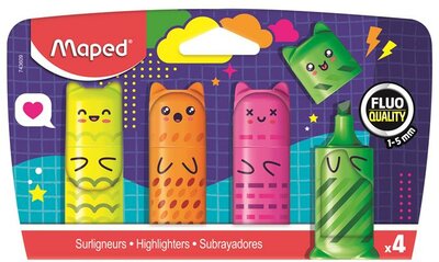 Szövegkiemelő készlet, 1-5 mm, MAPED „Fluo Peps Mini Kawaii", 4 különböző szín, (4 db)