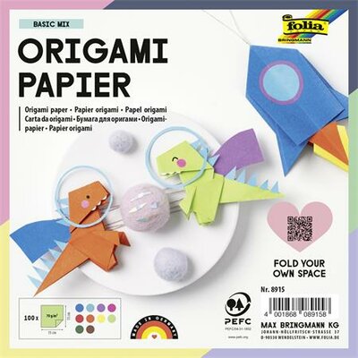 Origami papír, 15x15 cm, 70 g, 100 lap, FOLIA, vegyes színek, (100 lap)