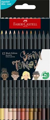 Színes ceruza készlet, háromszögletű, FABER-CASTELL "Black Edition", 12 különböző bőrszín, (12 db)