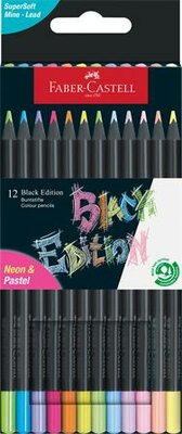 Színes ceruza készlet, háromszögletű, FABER-CASTELL "Black Edition", 6-6 különböző neon és pasztell szín, (12 db)