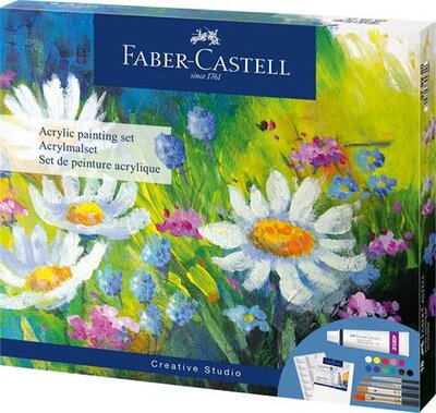 Akrilfesték készlet festővászonnal, tubusos, FABER-CASTELL "Creative Studio", 12 különböző szín, (18 db)