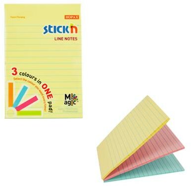 Öntapadó jegyzettömb, vonalas, 150x101 mm, 3x90 lap, STICK N "Magic Pad", pasztell színek, (270 lap)
