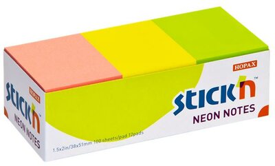 Öntapadó jegyzettömb, 38x51 mm, 12x100 lap, STICK N, neon színek, (1200 lap)