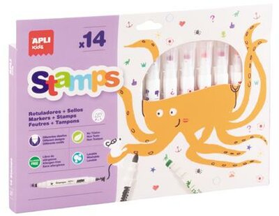 Filctoll készlet, 2,5 mm, kimosható, nyomda, APLI Kids "Stamps", 14 különböző szín és minta, (14 db)
