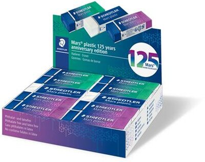 Radír display, STAEDTLER "Mars® Plastic 526, 125 years", kék-zöld-lila, (20 db)
