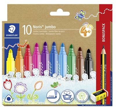 Filctoll készlet, grafitceruzával, radírral, 3 mm, háromszögletű, STAEDTLER "Noris® jumbo 328", 10+1 szín, (12 db)