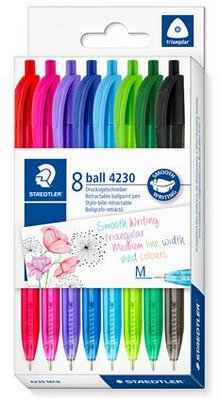 Golyóstoll, 1 mm, nyomógombos, STAEDTLER® "4230 M", 8 különböző szín, (8 db)