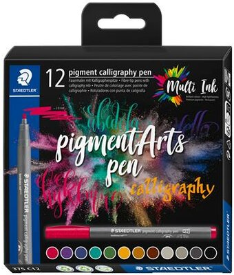 Kalligrafikus filctoll készlet, 2 mm, STAEDTLER "Pigment 375", 12 különböző szín, (12 db)