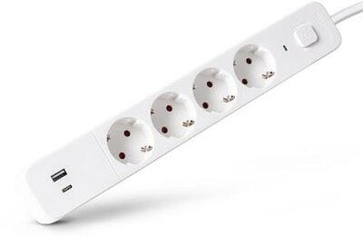 Elosztósor, 4 aljzat, 1,5 m, USB, kapcsolóval, ENTAC, fehér