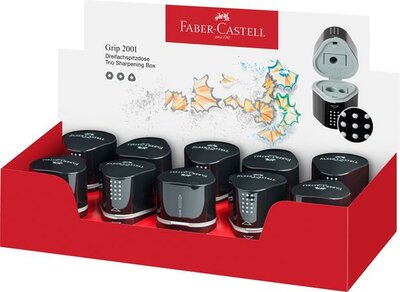 Hegyező display, háromlyukú, tartályos, FABER-CASTELL "Grip 2001 Trio", fekete, (10 db)