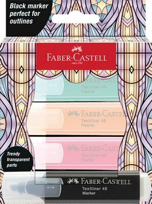 Szövegkiemelő készlet, FABER-CASTELL "Glassy", 3 különböző pasztell szín + fekete, (4 db)