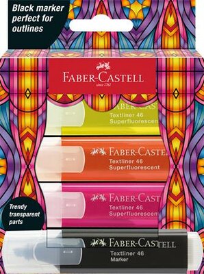 Szövegkiemelő készlet, FABER-CASTELL "Glassy", 3 különböző neon szín + fekete, (4 db)