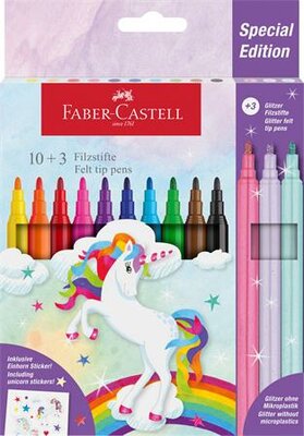 Filctoll készlet, FABER-CASTELL "Unikornis" 10 különböző szín + 3 csillámos, (13 db)