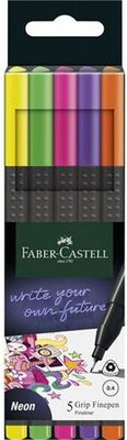 Tűfilc készlet, 0,4 mm, FABER-CASTELL "Grip", 5 különböző neon szín