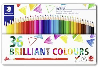 Színes ceruza készlet, háromszögletű, fémdobozos, STAEDTLER "Ergo Soft 157", 36 különböző szín, (36 db)