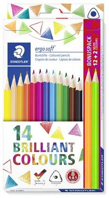 Színes ceruza készlet, háromszögletű, ajándék 2 db színes ceruzával, STAEDTLER "Ergo Soft", 14 különböző szín, (14 db)