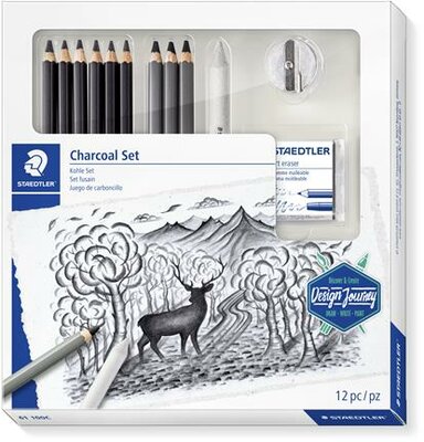 Grafit- és szénceruza készlet, kiegészítőkkel, 12 darabos, STAEDTLER "Mars® Lumograph® 100C", (12 db)