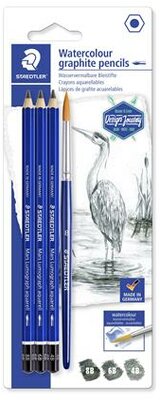 Grafitceruza készlet, akvarell, ecsettel, hatszögletű, STAEDTLER „Mars® Lumograph® aquarell 100A", 3 különböző keménység, (4 db)