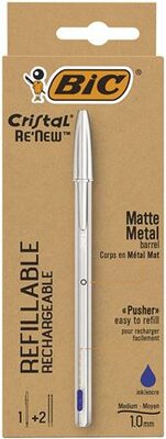 Golyóstoll, 0,32 mm, kupakos, matt ezüst színű tolltest, BIC "Cristal Re'New", kék + betét, (3 db)