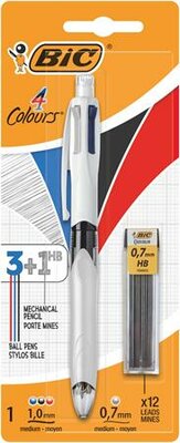 Golyóstoll, háromszínű, nyomósirónnal egyben, BIC "4 Colours" + grafitbél, (2 db)