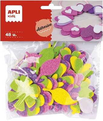 Moosgumi, öntapadó, glitteres, virágok, APLI Kids "Eva Sheets", vegyes színek, (48 db)