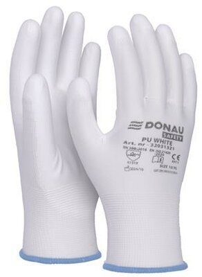 Szerelőkesztyű, PU, DONAU "Safety", 9/L méret, fehér, (12 pár)