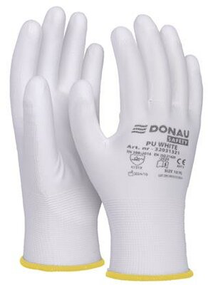 Szerelőkesztyű, PU, DONAU "Safety", 8/M méret, fehér, (12 pár)