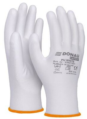 Szerelőkesztyű, PU, DONAU "Safety", 7/S méret, fehér, (12 pár)