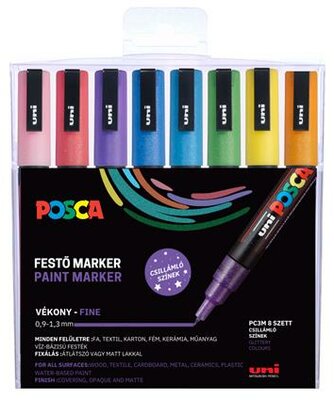 Dekormarker készlet, 0,9-1,3 mm, UNI "Posca PC-3ML", 8 különböző csillogó szín, (8 db)