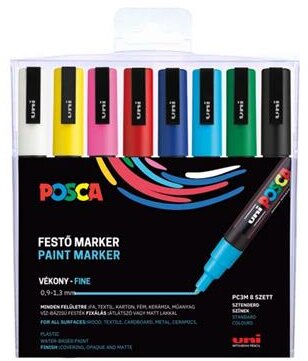Dekormarker készlet, 0,9-1,3 mm, UNI "Posca PC-3M", 8 különböző szín, (8 db)