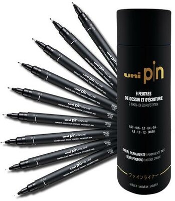 Rajzmarker készlet, UNI PIN "Tube", 9 különböző vonalvastagság, fekete, (9 db)