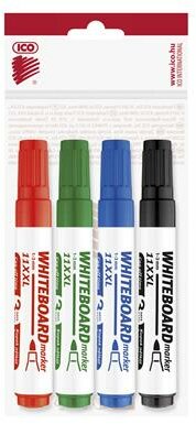 Tábla- és flipchart marker készlet, 1-3 mm, kúpos, ICO "Plan 11 XXL", 4 különböző szín, (4 db)