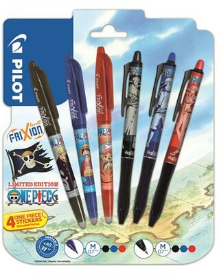 Rollertoll készlet, 0,35 mm, nyomógombos, PILOT "Frixion Ball"/"Frixion Ball Plus", 3különböző szín+One Piece matrica, (6 db)