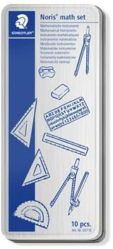 Matematikai készlet, fém dobozban, 10 darabos, vonalzóval, körzővel és kiegészítőkkel, STAEDTLER® "557 10"