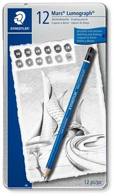 Grafitceruza készlet, fém doboz, hatszögletű, STAEDTLER "Mars Lumograph 100", 12 különböző keménység, (12 db)