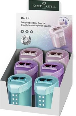 Hegyező, kétlyukú, tartályos, display, FABER-CASTELL "RollOn Sparkle", metál színek, (6 db)