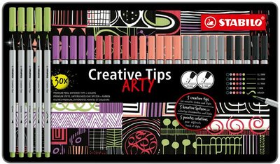 Tűfilc készlet, fém doboz, STABILO "Creative Tips ARTY", 6 különböző pasztell szín, 5 különböző vastagság, (30 db)