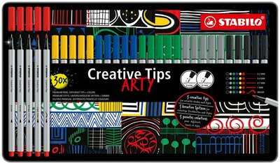 Tűfilc készlet, fém doboz, STABILO "Creative Tips ARTY", 6 különböző szín, 5 különböző vastagság, (30 db)