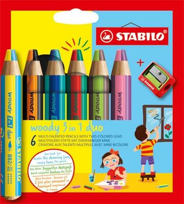 Színes ceruza készlet, STABILO "Woody 3 in 1 duo", 6 dupla vegyes szín, (6 db)