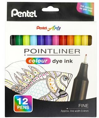 Tűfilc készlet, 0,4 mm, PENTEL "Pointliner", 12 különböző szín, (12 db)