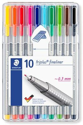 Tűfilc készlet, 0,3 mm, STAEDTLER "Triplus 334", 10 különböző szín, (10 db)