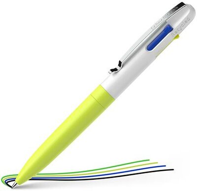 Golyóstoll, 0,5 mm, nyomógombos, négyszínű, SCHNEIDER "Take 4 Neon", sárga-fehér