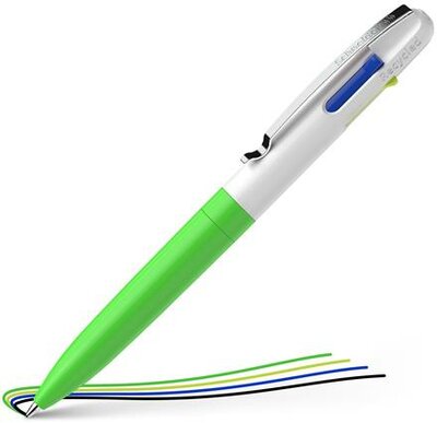 Golyóstoll, 0,5 mm, nyomógombos, négyszínű, SCHNEIDER "Take 4 Neon", zöld-fehér