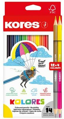 Színes ceruza készlet, háromszögletű, KORES "Kolores", 12+2 különböző szín, (14 db)