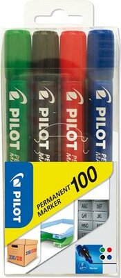 Alkoholos marker, 1 mm, kúpos, PILOT "Permanent Marker 100", 4 szín, (4 db)