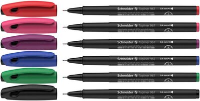 Tűfilc készlet, 0,4 mm, SCHNEIDER "Topliner 967", 6 különböző szín, (6 db)