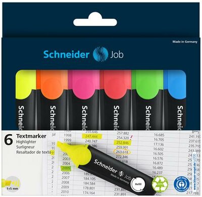 Szövegkiemelő készlet, 1-5 mm, SCHNEIDER "Job 150", 6 különböző szín, (6 db)
